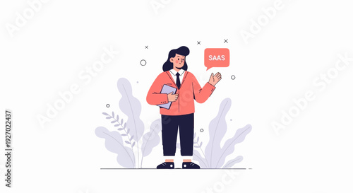 Person in business attire holding a tablet, with a speech bubble indicating "SAAS