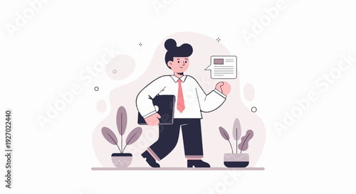 Confident cartoon person in professional attire walking, holding a brief case