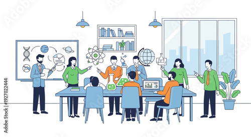 Diverse group of people collaborating in a science classroom setting.