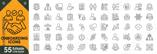 Corporate employee onboarding icons set. HR orientation, staff training, workflow management, business integration, editable stroke line vector collection.