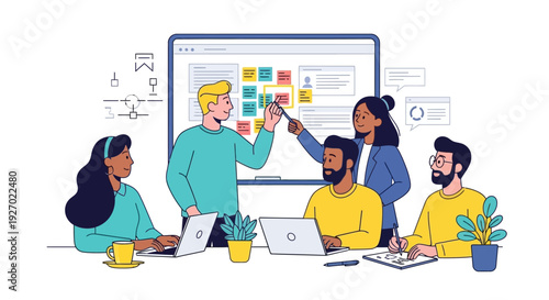 Diverse team collaborating on a project using sticky notes and laptops.