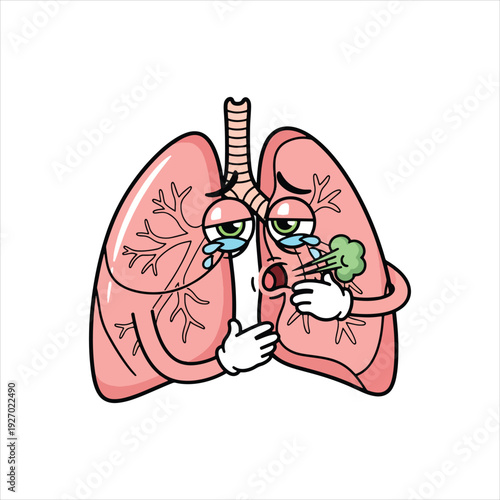 Sick Lungs Cartoon Character Coughing, Respiratory Infection Illustration