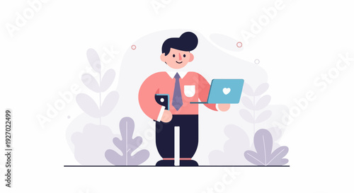 A person in a suit holding a laptop and phone, with abstract plants behind