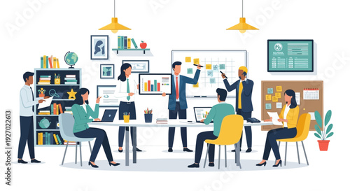 Diverse team collaborating in modern office meeting.