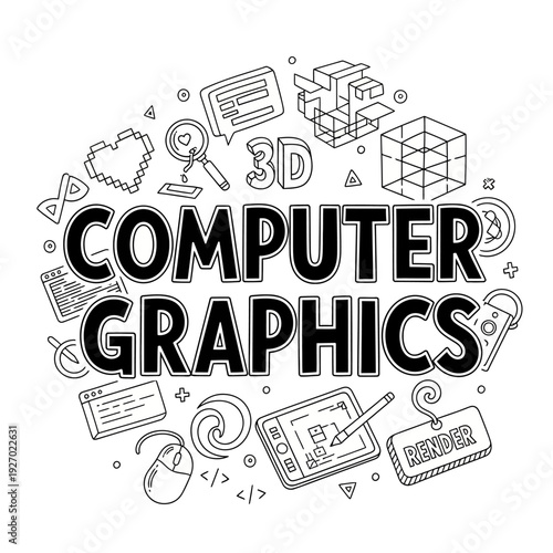 A creative display of computer graphics concepts and tools surrounding the main text