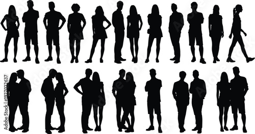 Collection of diverse people silhouettes standing and walking, men women couples and groups, social interaction, community, teamwork and relationship concepts