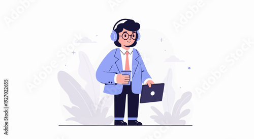 Person in suit with headphones, holding coffee cup and laptop, amidst abstract plant shapes and clouds