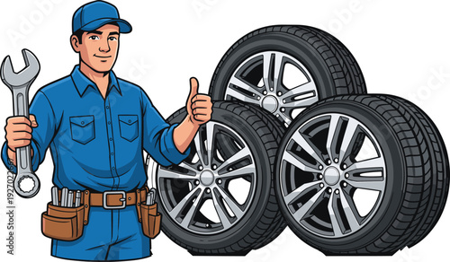 Cartoon vector illustration of auto mechanic in blue uniform holding wrench, standing beside three car tires with alloy rims, automotive repair service concept