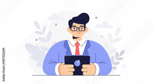 A smiling person in a suit holds a tablet with a bright circular graphic on it