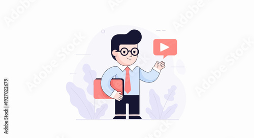 A cartoon man in a suit and tie holds a briefcase and waves, with a play button icon
