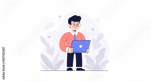 Animated man in glasses wearing a pink shirt and tie, holding a blue laptop, surrounded by abstract plants