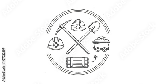 Mining industry emblem featuring tools and equipment for underground work and safety.