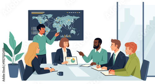 Diverse business team collaborating in a modern office meeting.