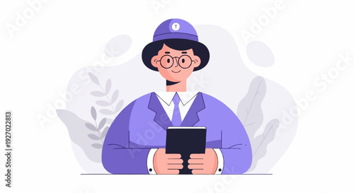 A person in a purple suit and hat holding a black tablet, with abstract plant motifs in the background