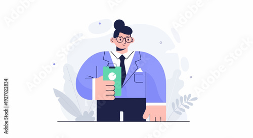 A person in a suit holds a tablet, appearing professional and organized