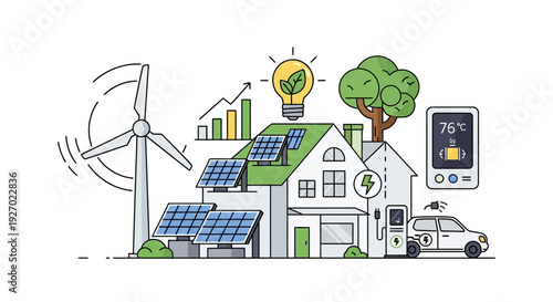 Eco-friendly house with renewable energy sources and electric car.