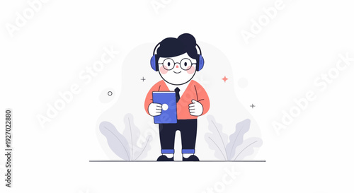 A cartoon person wearing headphones, glasses, and an orange cardigan, holding a blue tablet