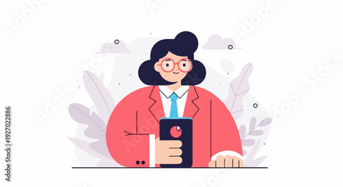 A stylized character with glasses and a blue tie, holding a smartphone