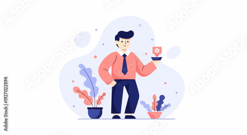 Smiling man in a coral shirt and navy tie holds a digital play button