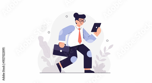 Animated male professional in suit walks with briefcase and tablet