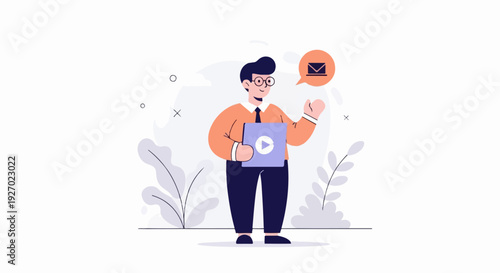 Person holding digital tablet with play button, mail icon above