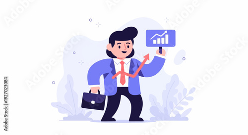 Business person with briefcase and growth chart, vector illustration