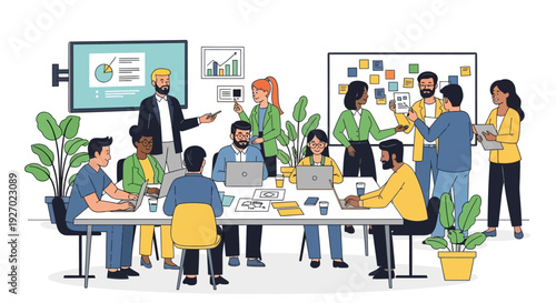 Diverse team collaborating in a modern office meeting.