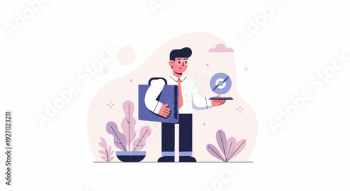 A businessperson with a briefcase offers a forbidden symbol on a tray