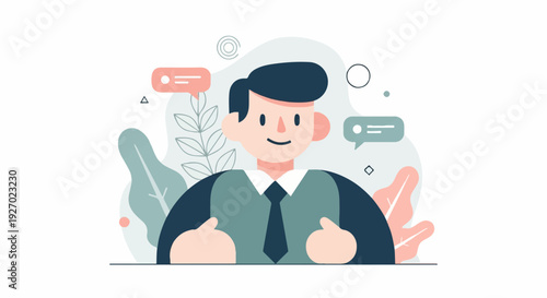 A cartoon man in a suit with speech bubbles and plant graphics