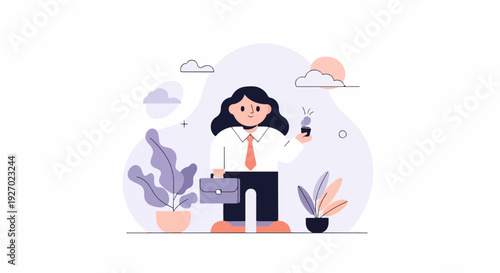 Cartoon woman in office attire holds ice cream and briefcase with plants and clouds