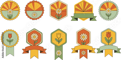Vintage Floral Badge and Ribbon Labels Set with Retro Flowers and Decorative Emblems Vector