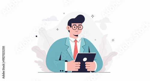 A businessman in a suit and tie wears glasses while holding a tablet device