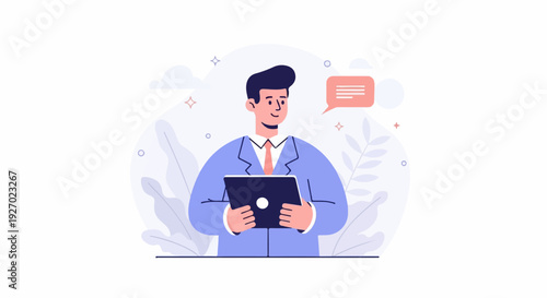 Cheerful man in suit holds tablet, communication bubble above