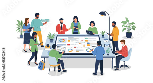 Diverse team collaborating around a large interactive display.