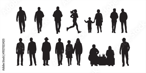 Diverse crowd silhouettes people walking standing and interacting in black and white