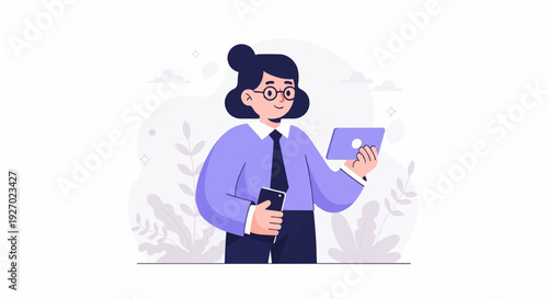 A smiling person holds a phone and tablet in a minimalist setting with abstract plants