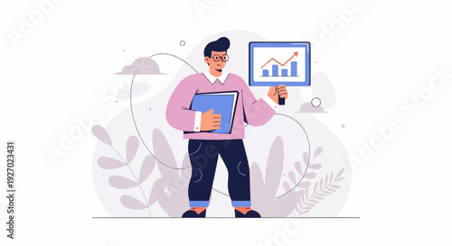 Animated person holding a report with a rising graph, surrounded by abstract floral elements