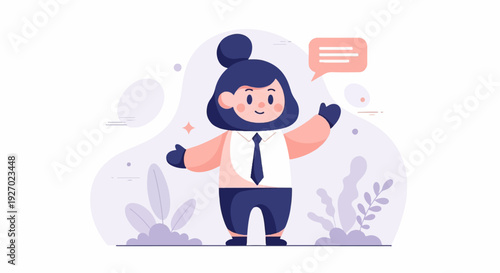 Friendly character in professional attire with a speech bubble, surrounded by abstract shapes and plants