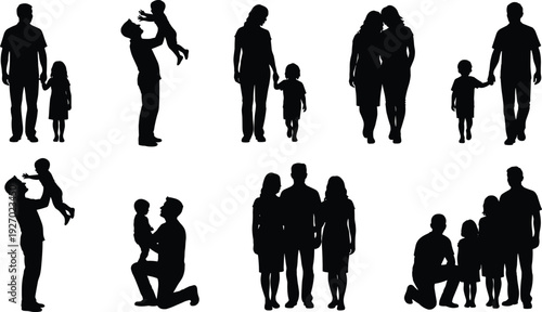 Family silhouette collection with parents and children together, black human figures set, love, care, bonding and lifestyle concepts