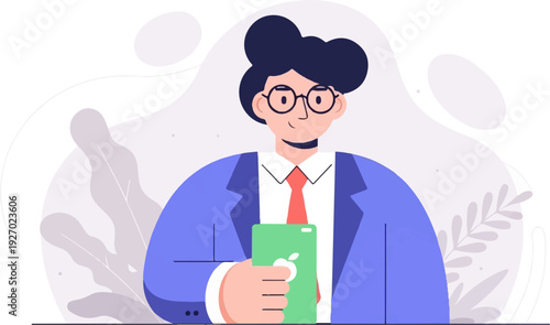 A man in a blue suit and red tie holds a green phone, styled with abstract shapes