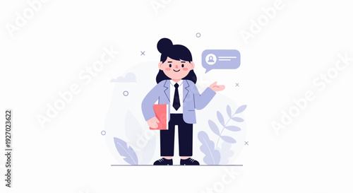 A cheerful flat illustration of a professional woman with a book and speech bubble