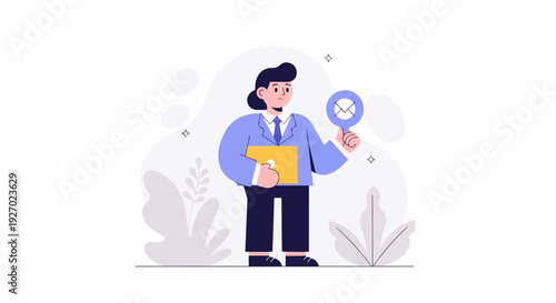 Person in blue suit holds yellow folder and magnifying glass with email icon