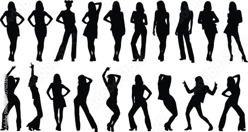 Fashion woman silhouette collection with confident female poses, black stylish figures set, beauty, glamour, confidence and modern lifestyle concepts