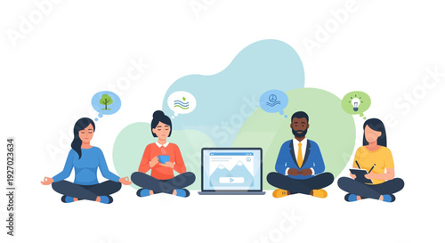 Diverse Team Meditation and Mindfulness for Focus and Creativity in the Digital Workplace. Business people finding work-life balance near a laptop.