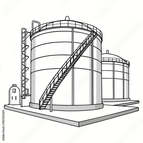 Industrial facility with large storage tanks and staircase