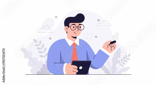 A man in a blue shirt and orange tie holds a tablet and a stylus, surrounded by abstract plant shapes