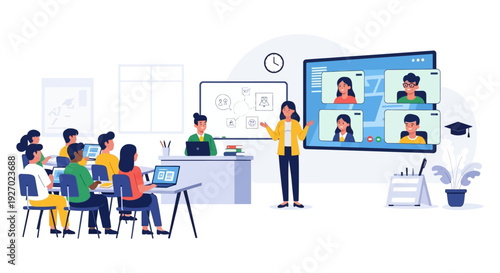 Blended Hybrid Learning Education: Teacher Instructing Students in a Classroom with Virtual Video Conference Participants on Screen.