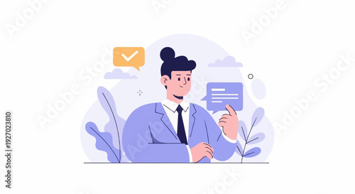 A stylized person in a suit gestures towards a chat bubble with a checkmark