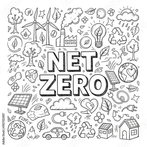 Illustration of Net Zero concept with eco-friendly elements and sustainable practices surrounding a central theme