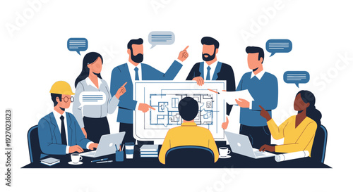 Diverse Team Collaborating on Architectural Blueprint Project.